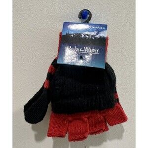 Girls fingerless glove mitten striped red black knitted convertible flip top